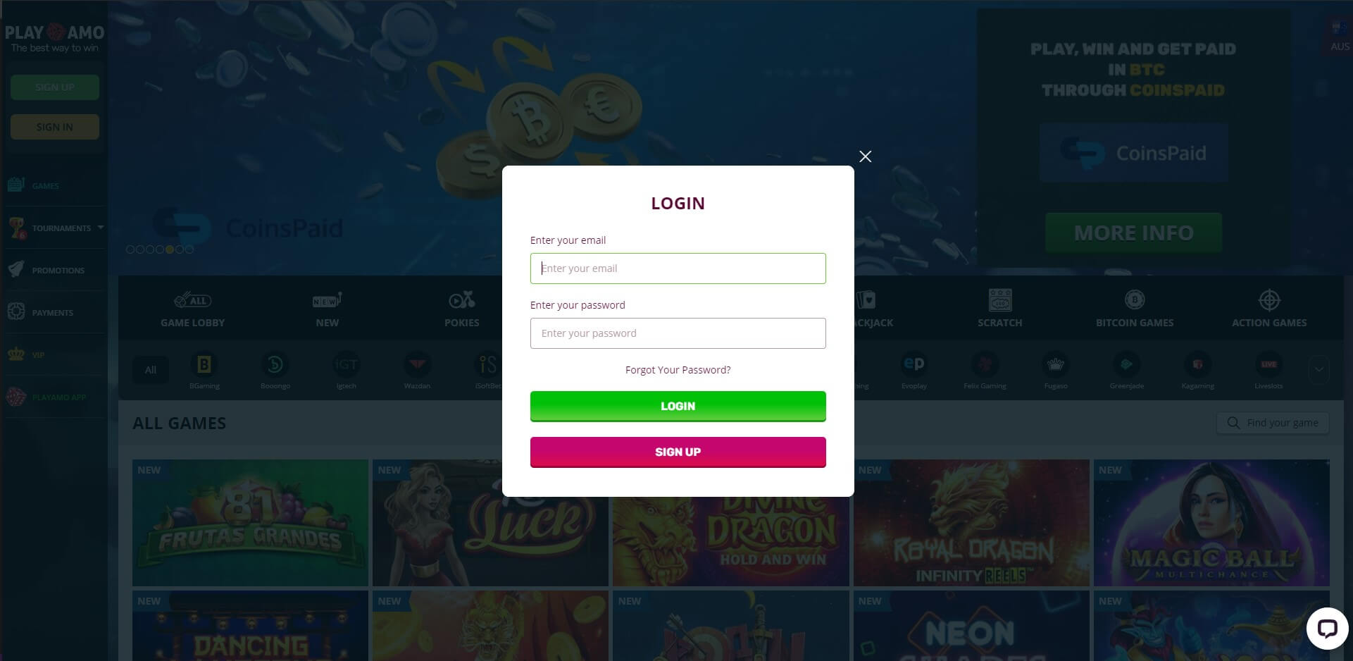 playamo casino login screenshot