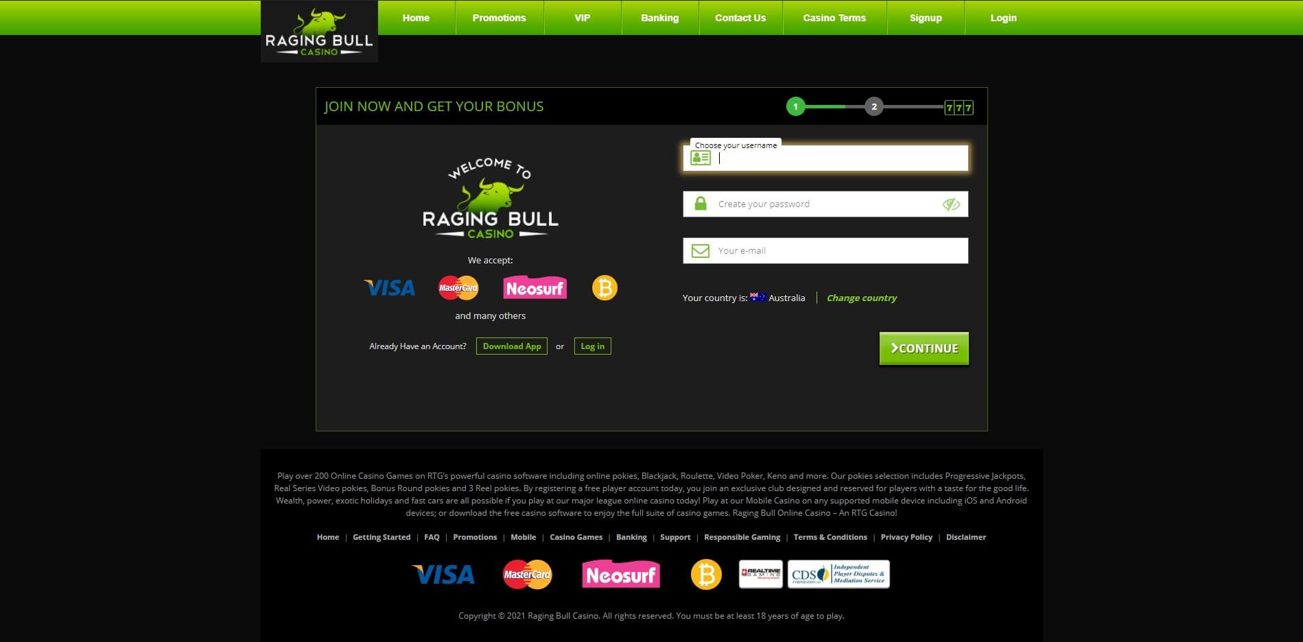 raging bull casino sing up screenshot