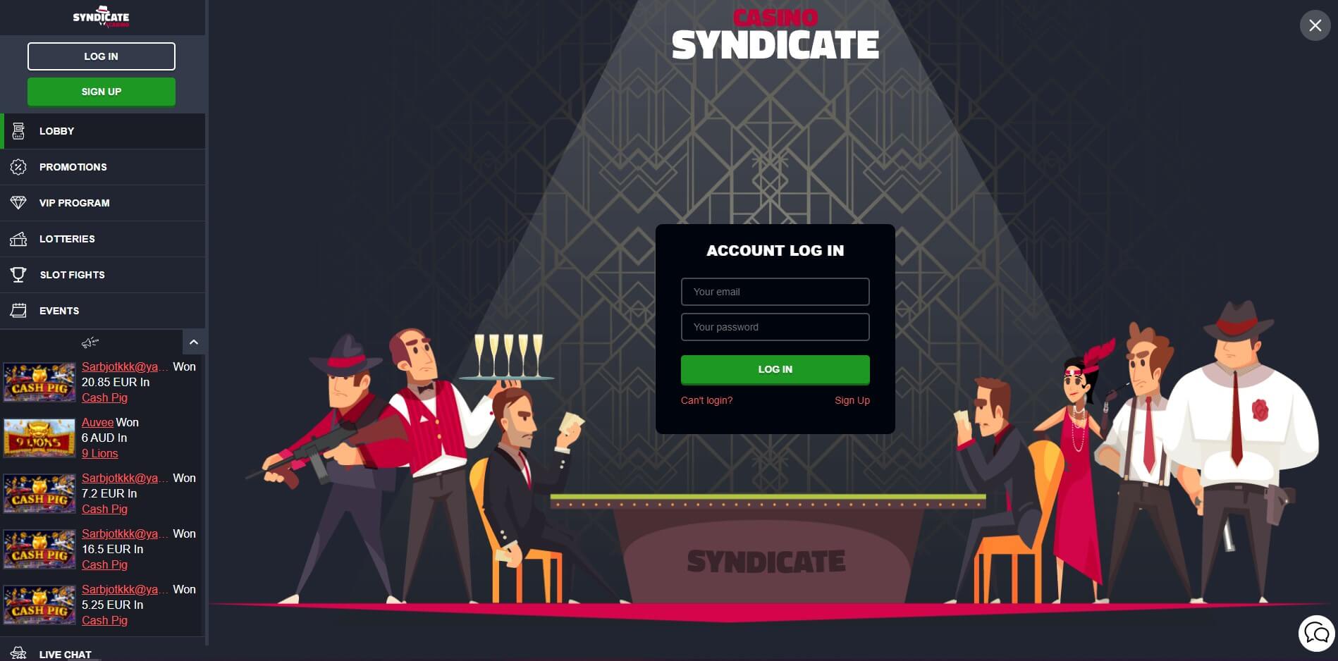syndicate casino login screenshot