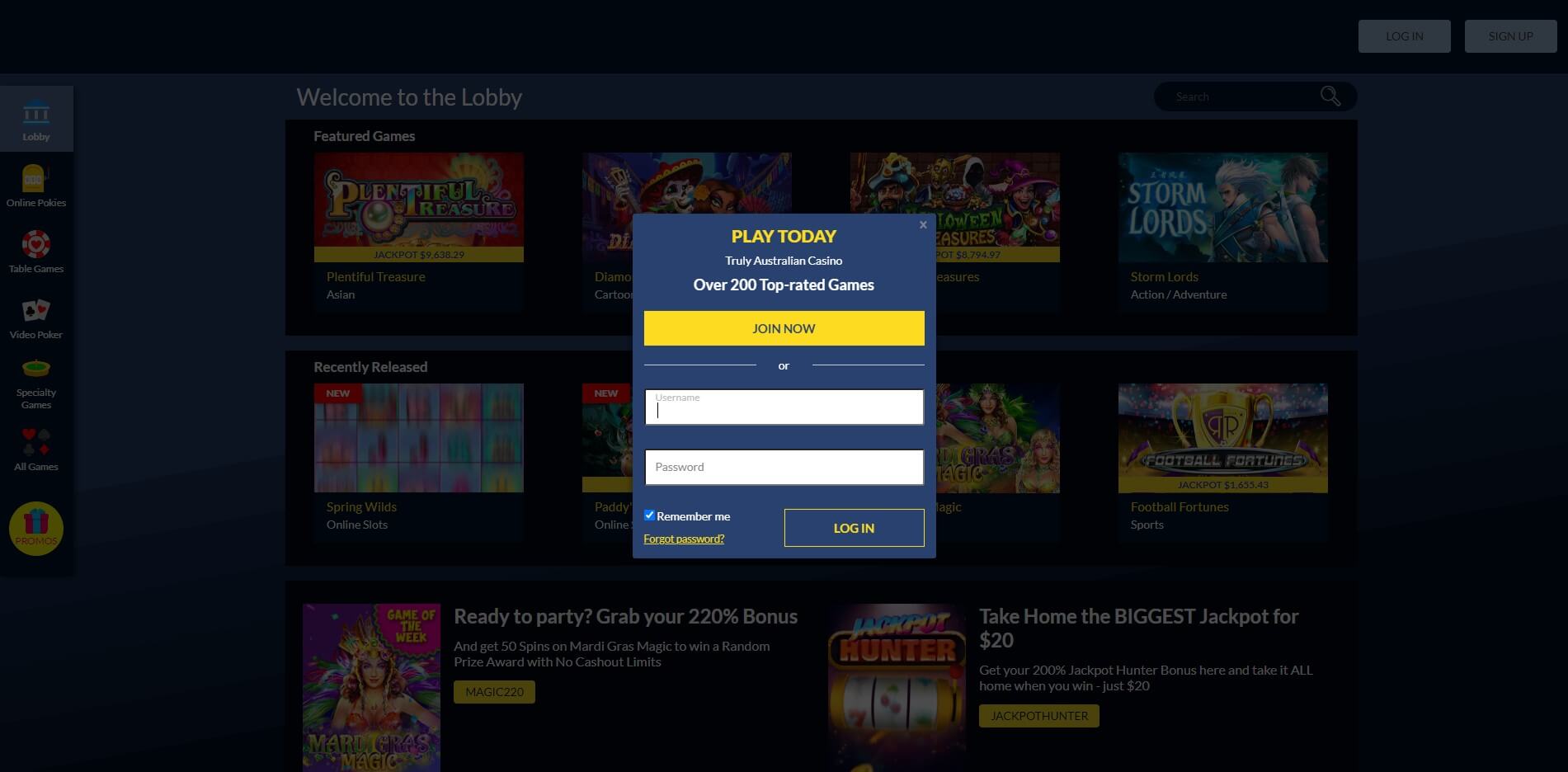 true blue casino login screenshot