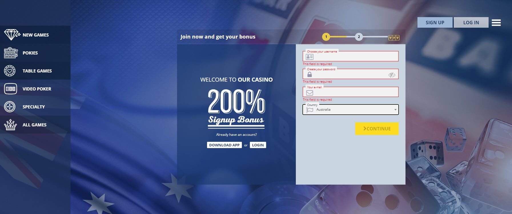 true blue casino registration screenshot
