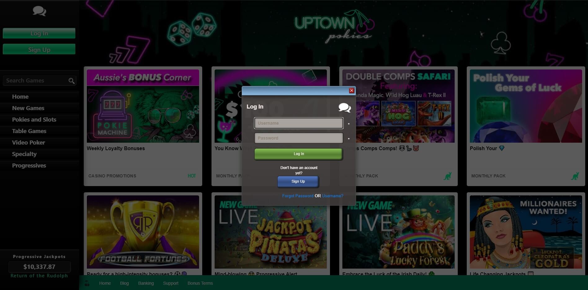 uptown pokies casino login screenshot